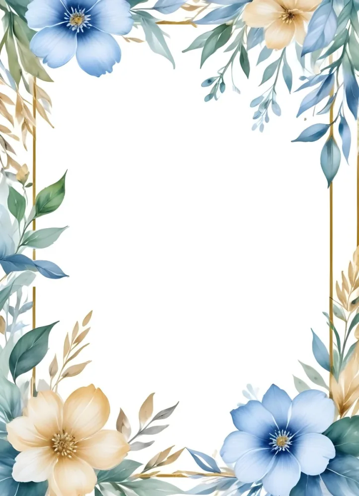 Oil Painting Watercolor Flowers In White And Blue Tones With Green Leaves Golden Frame On The Sides White Background Creative Extremely Detailed Brush Stroke 14 Da0b