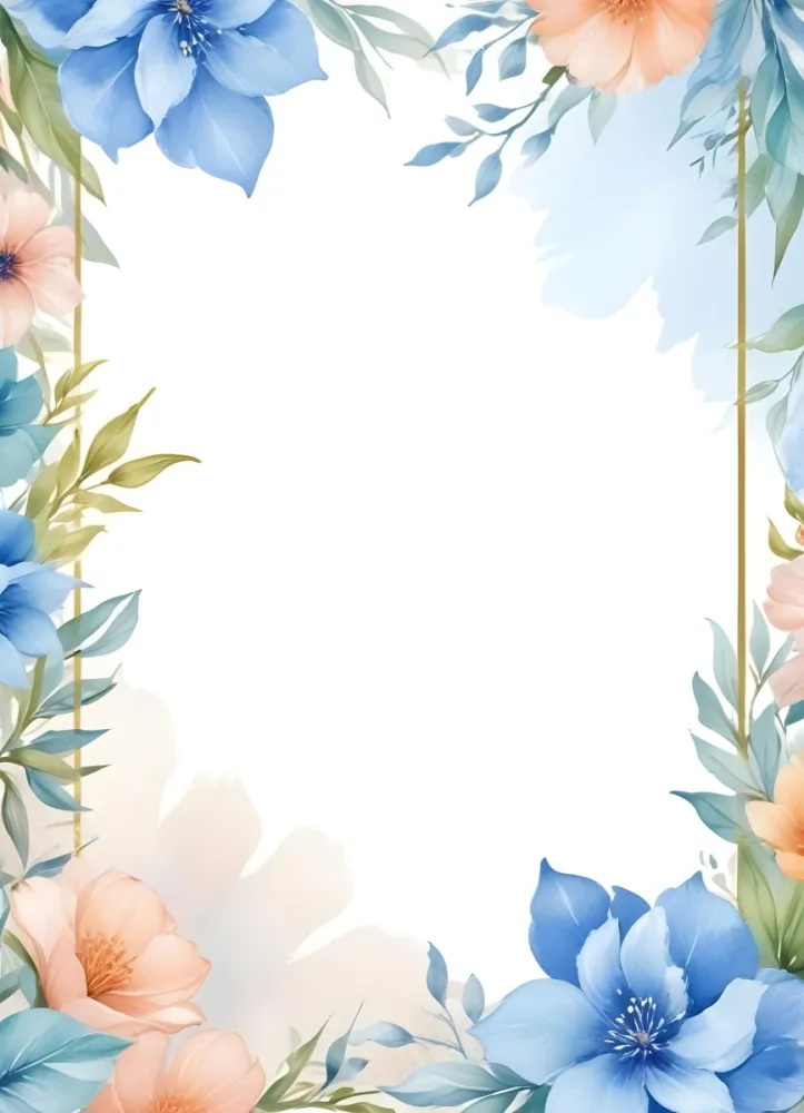 Oil Painting Watercolor Flowers In White And Blue Tones With Green Leaves Golden Frame On The Sides White Background Creative Extremely Detailed Brush Stroke 16 7f7c