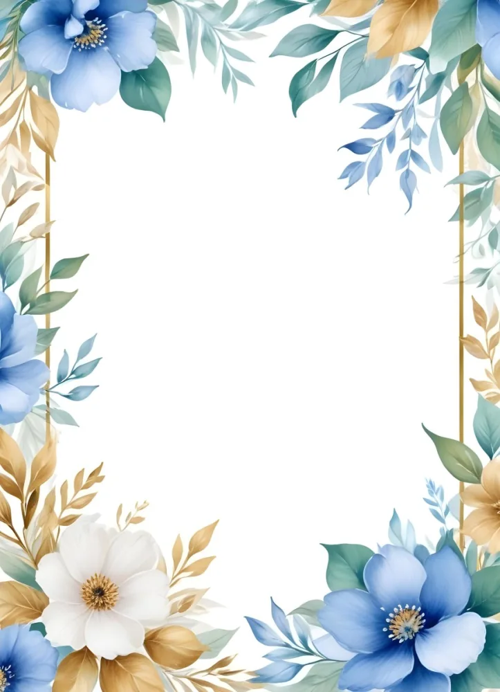 Oil Painting Watercolor Flowers In White And Blue Tones With Green Leaves Golden Frame On The Sides White Background Creative Extremely Detailed Brush Stroke 2 6099