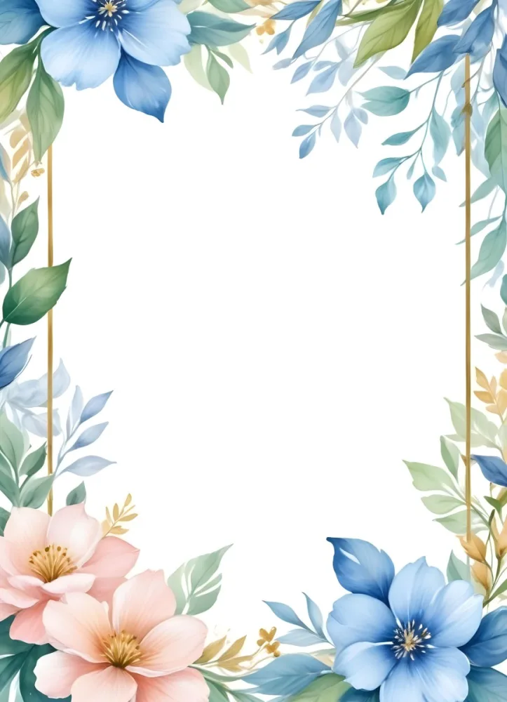 Oil Painting Watercolor Flowers In White And Blue Tones With Green Leaves Golden Frame On The Sides White Background Creative Extremely Detailed Brush Stroke 23 73c0