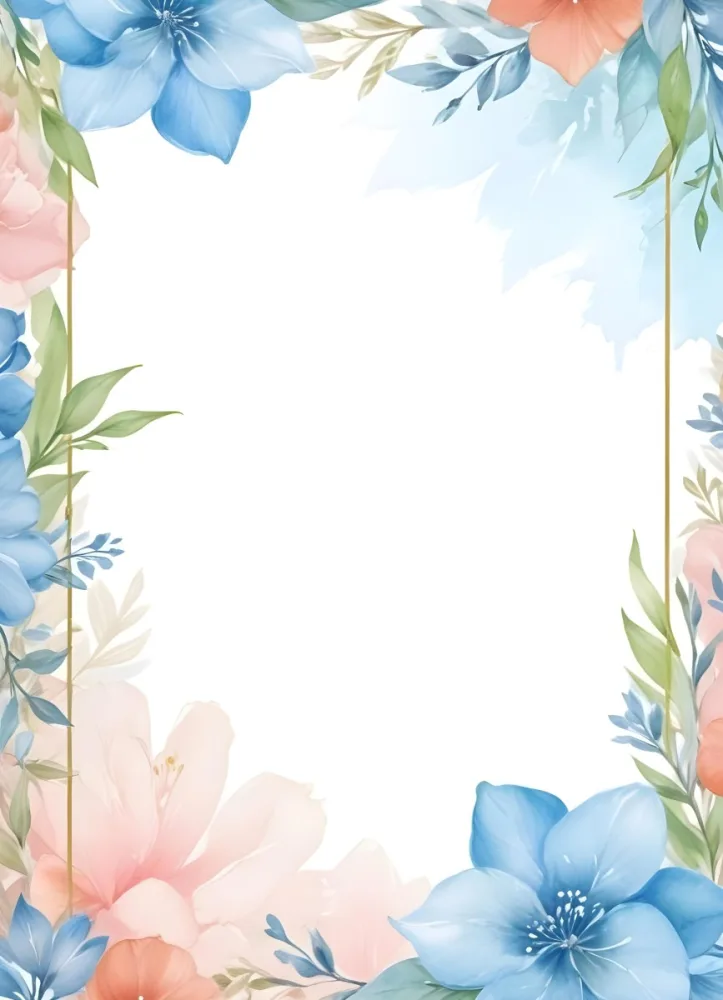 Oil Painting Watercolor Flowers In White And Blue Tones With Green Leaves Golden Frame On The Sides White Background Creative Extremely Detailed Brush Stroke 25 0e21