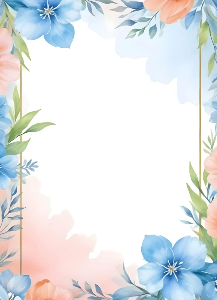 Oil Painting Watercolor Flowers In White And Blue Tones With Green Leaves Golden Frame On The Sides White Background Creative Extremely Detailed Brush Stroke 29 D0c6