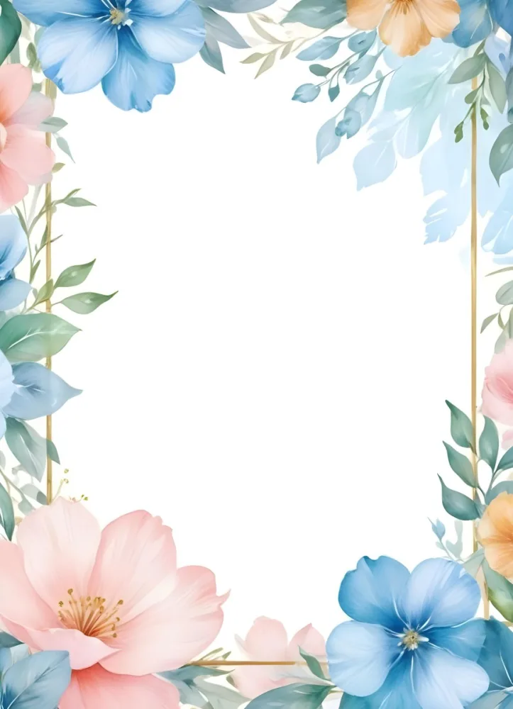 Oil Painting Watercolor Flowers In White And Blue Tones With Green Leaves Golden Frame On The Sides White Background Creative Extremely Detailed Brush Stroke 32 C711