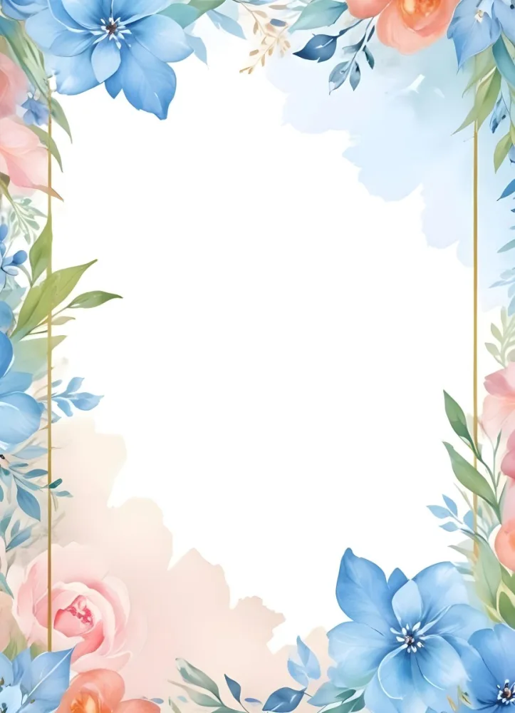 Oil Painting Watercolor Flowers In White And Blue Tones With Green Leaves Golden Frame On The Sides White Background Creative Extremely Detailed Brush Stroke 36 59c2