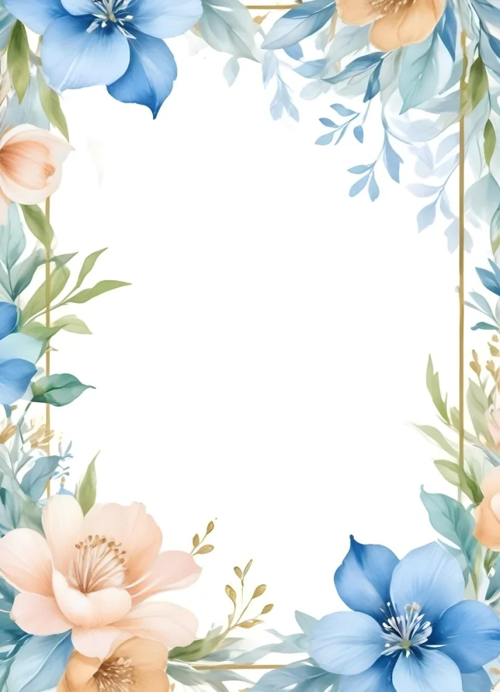 Oil Painting Watercolor Flowers In White And Blue Tones With Green Leaves Golden Frame On The Sides White Background Creative Extremely Detailed Brush Stroke 39 21af