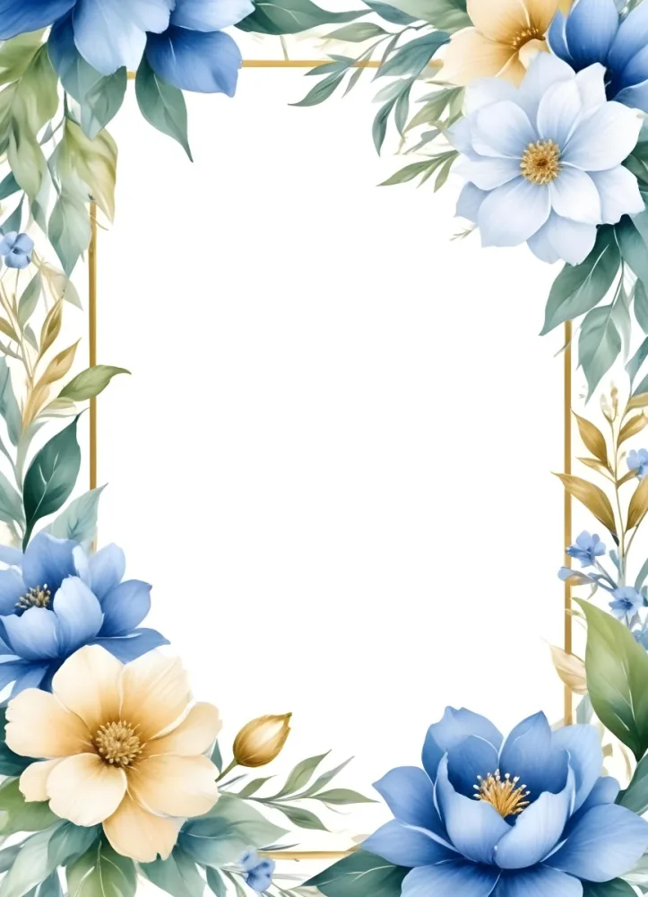 Oil Painting Watercolor Flowers In White And Blue Tones With Green Leaves Golden Frame On The Sides White Background Creative Extremely Detailed Brush Stroke 4 5ff2