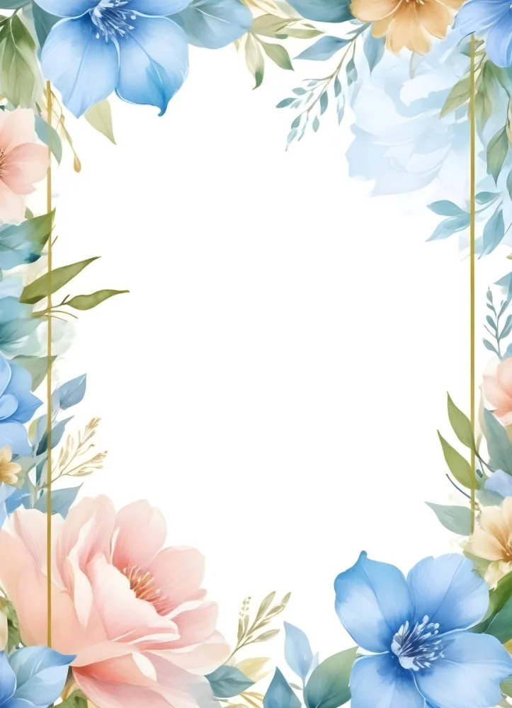Oil Painting Watercolor Flowers In White And Blue Tones With Green Leaves Golden Frame On The Sides White Background Creative Extremely Detailed Brush Stroke 40 1786