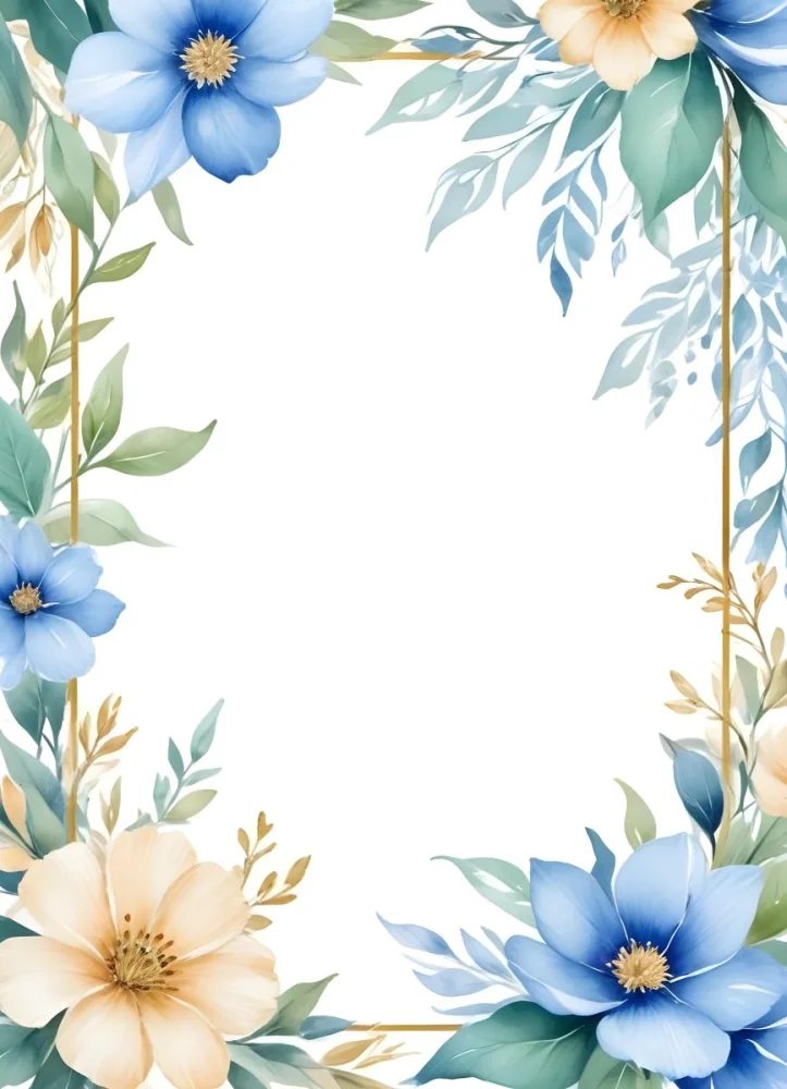 Oil Painting Watercolor Flowers In White And Blue Tones With Green Leaves Golden Frame On The Sides White Background Creative Extremely Detailed Brush Stroke 5 E83c