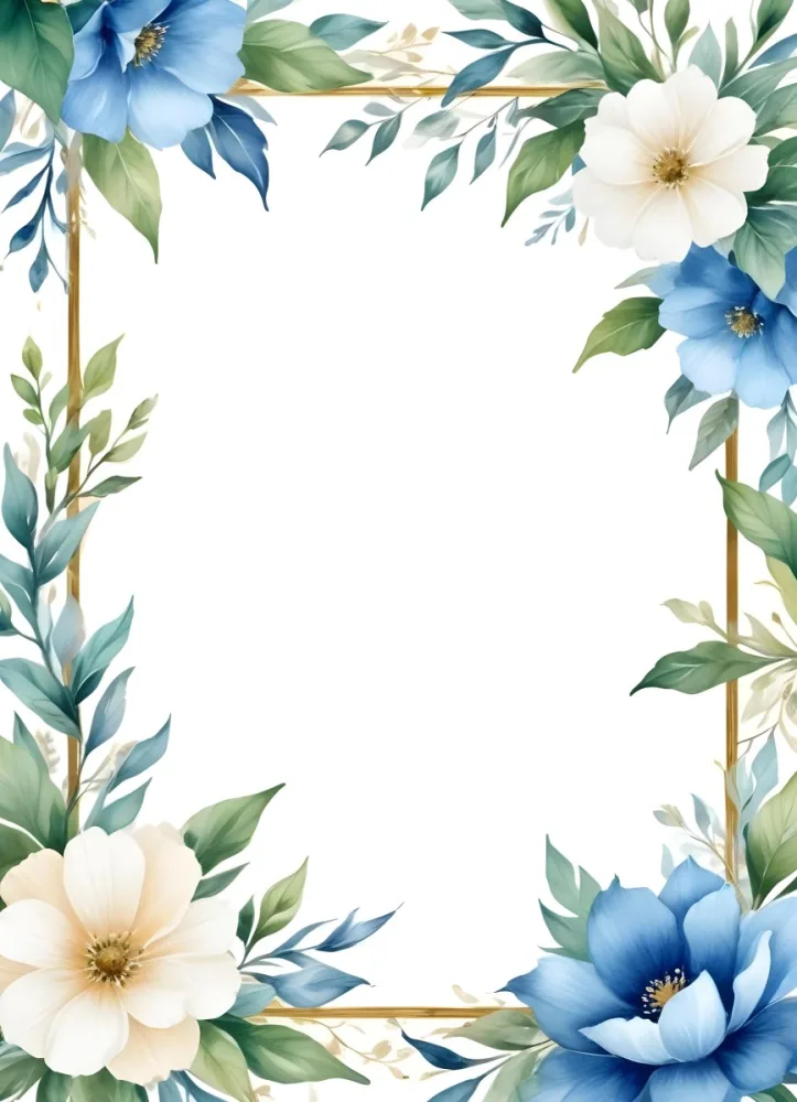 Oil Painting Watercolor Flowers In White And Blue Tones With Green Leaves Golden Frame On The Sides White Background Creative Extremely Detailed Brush Stroke 9 5277