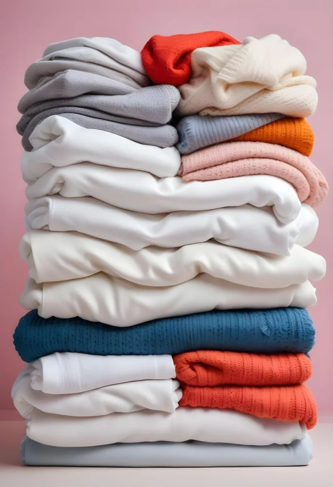 Pile Of White Folded Clothes Including Sweaters Pants And Sweaters Stacked Haphazardly On Top Of Each Other Creating A Organized And Organized Mess Colorful Background 41 1e27