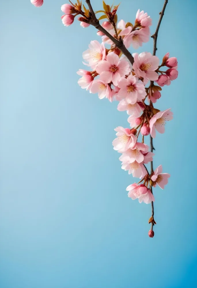 Pink Cherry Blossom Flowers Hanging From Branches Against A Light Blue Background 113 46c7