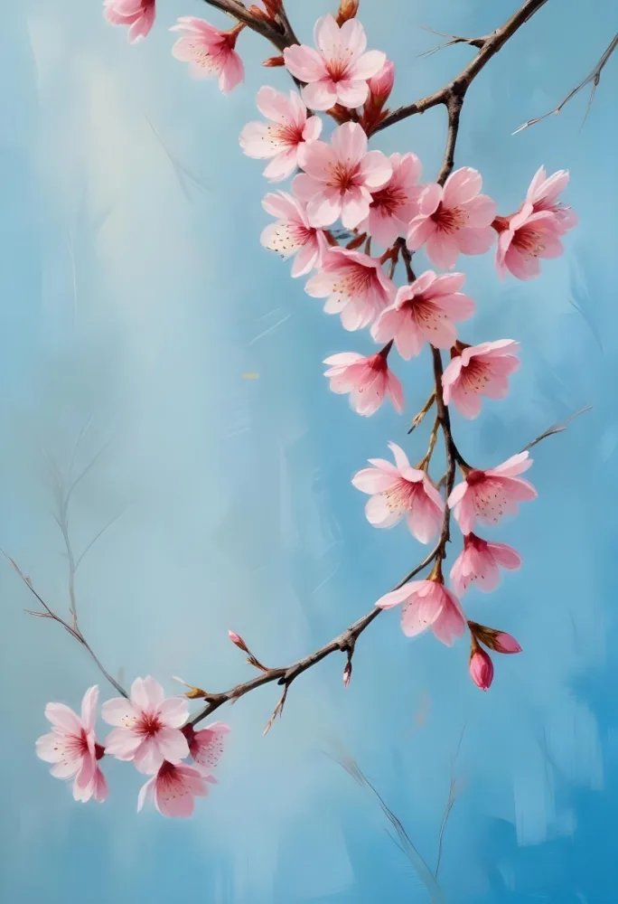 Pink Cherry Blossom Flowers Hanging From Branches Against A Light Blue Background 18 8dd6