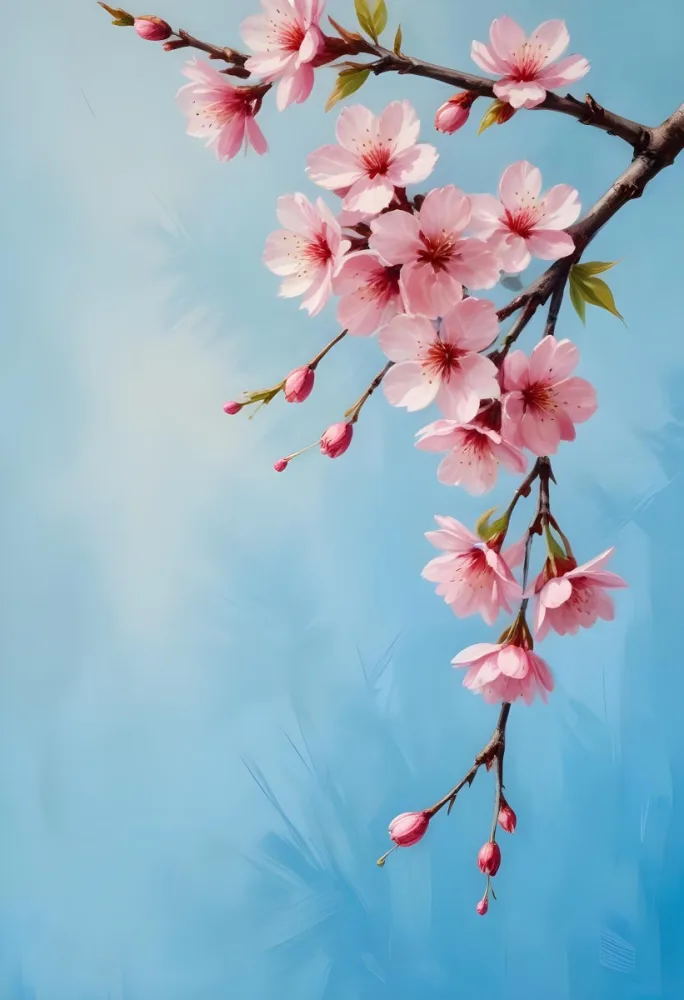 Pink Cherry Blossom Flowers Hanging From Branches Against A Light Blue Background 27 1e8e