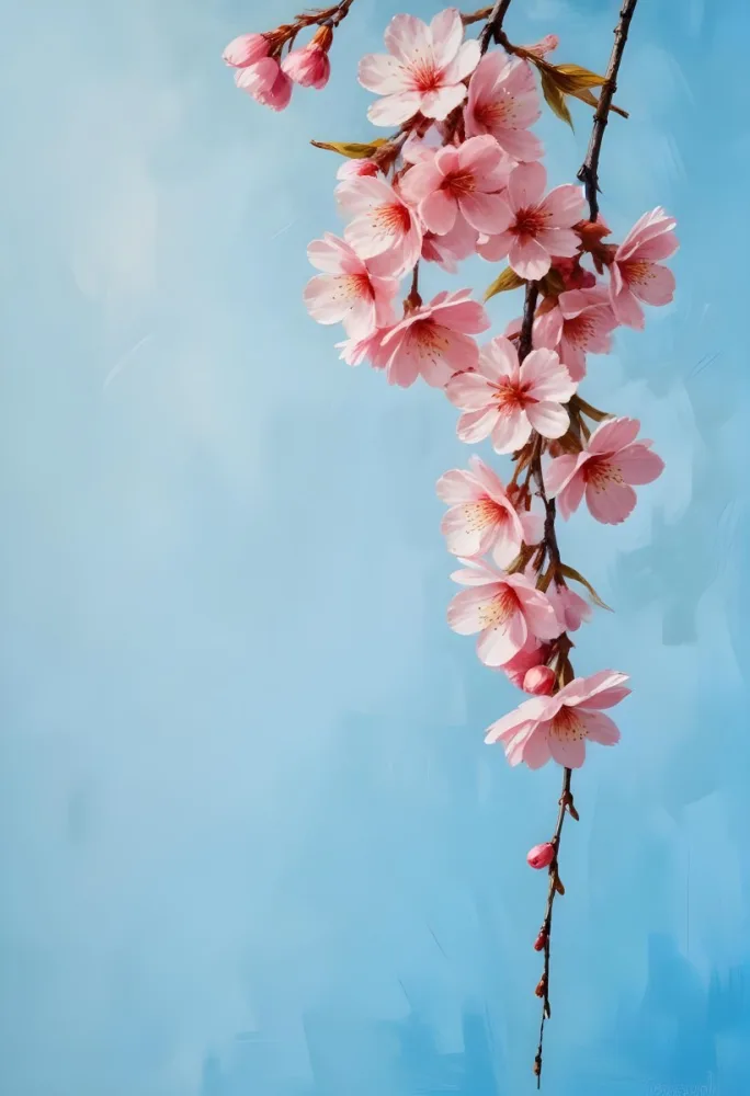 Pink Cherry Blossom Flowers Hanging From Branches Against A Light Blue Background 70 10a2