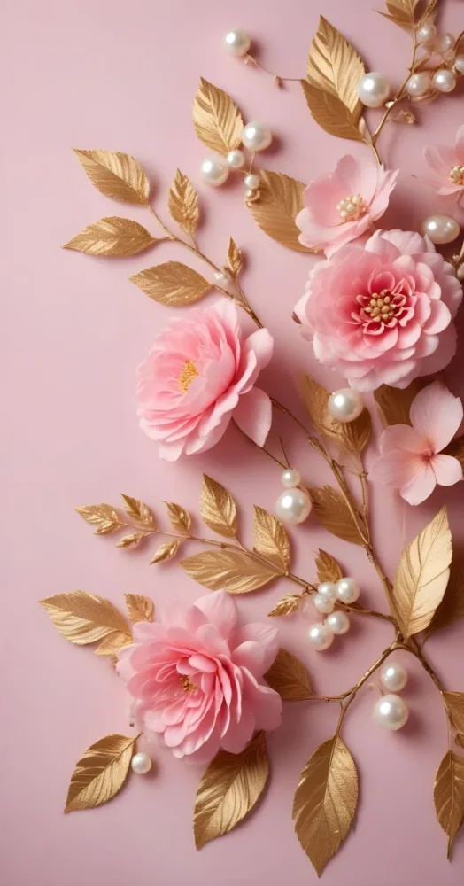 Pink Flowers Gold Leaves And Pearls On A Soft Background 63 F27e