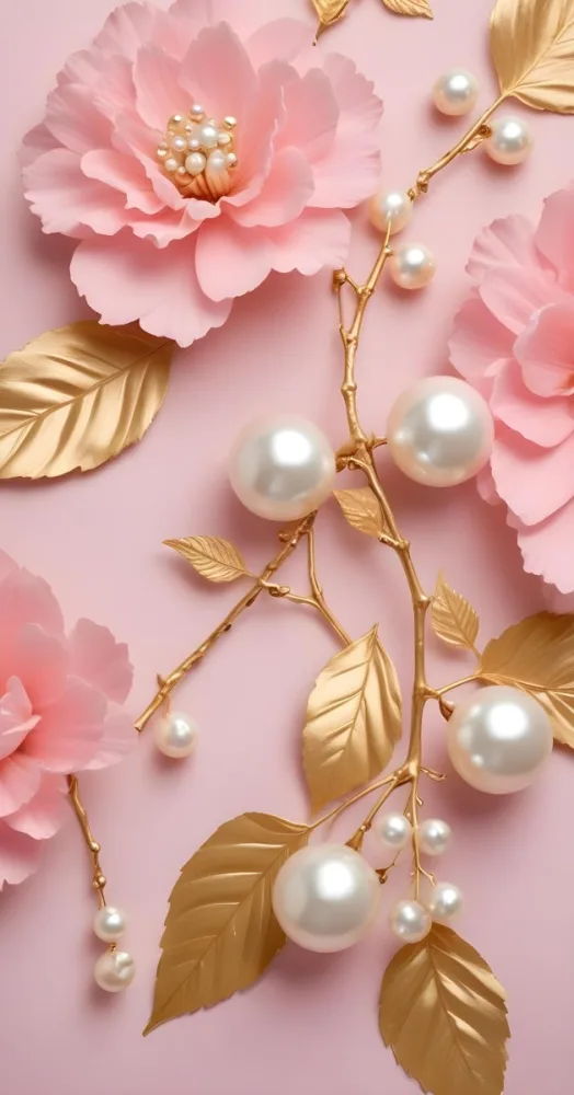 Pink Flowers Gold Leaves And Pearls On A Soft Background 7 0a68