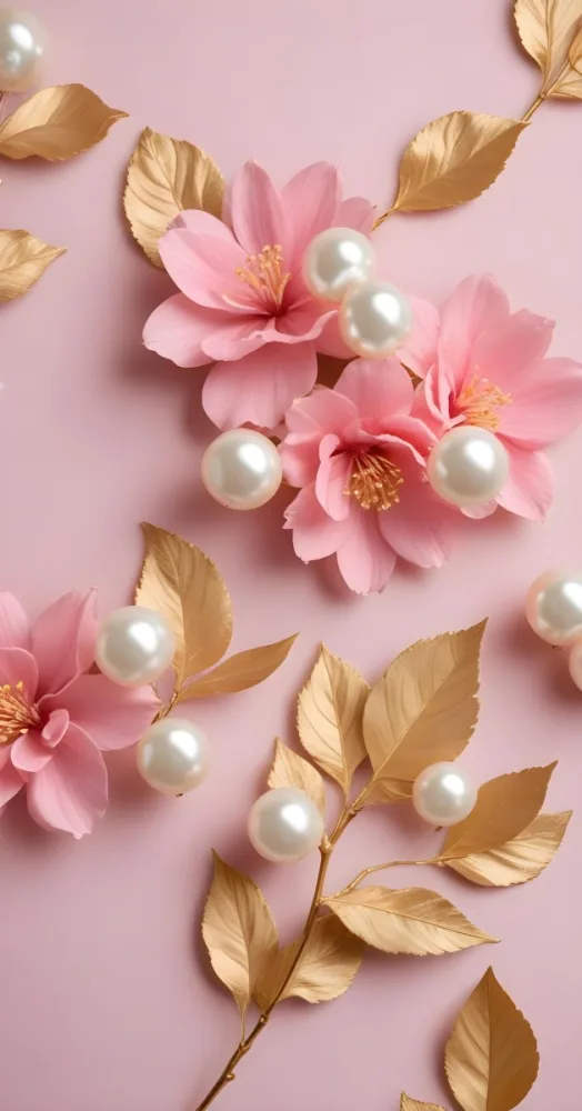 Pink Flowers Gold Leaves And Pearls On A Soft Background 8 9b22