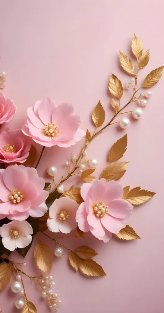Pink Flowers Gold Leaves And Pearls On A Soft Background 9 8c85