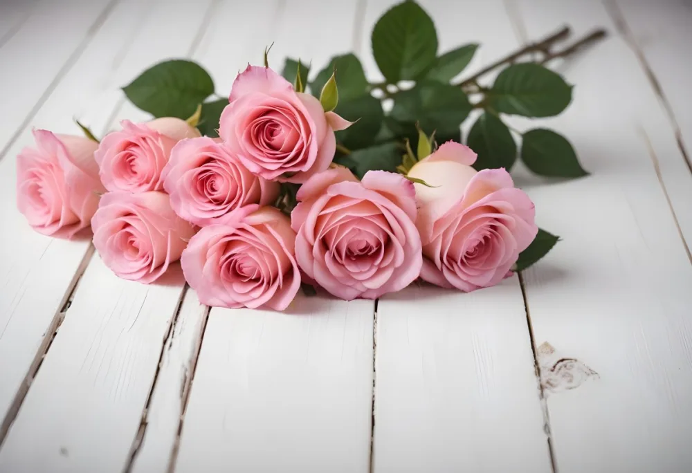 Pink Roses On A White Wooden Table 1 C679