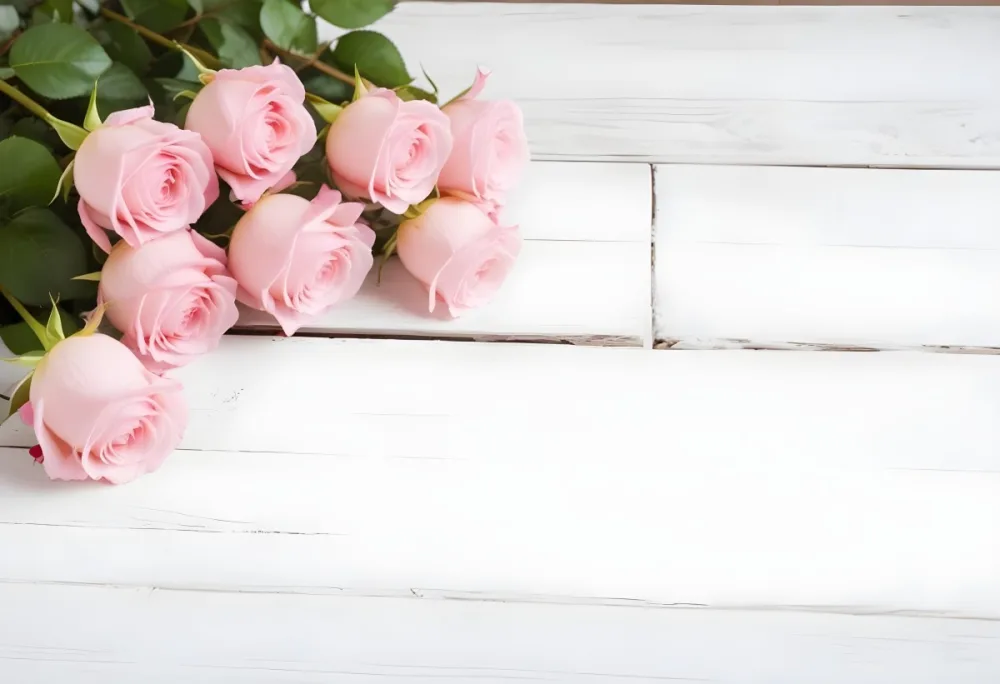 Pink Roses On A White Wooden Table 10 Aea2