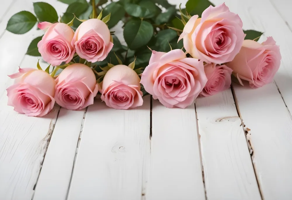 Pink Roses On A White Wooden Table 22 C0b0