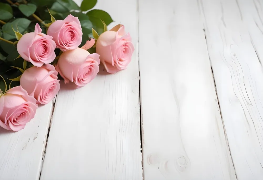 Pink Roses On A White Wooden Table 26 5e29