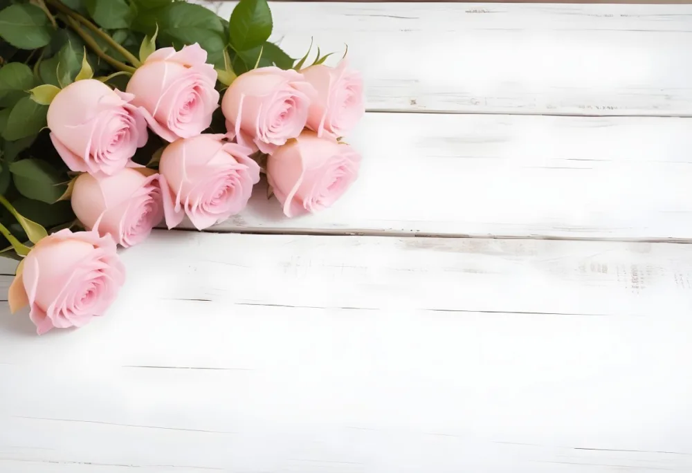 Pink Roses On A White Wooden Table 27 E98b