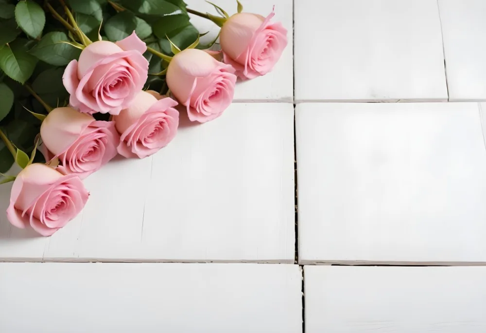 Pink Roses On A White Wooden Table 3 D390