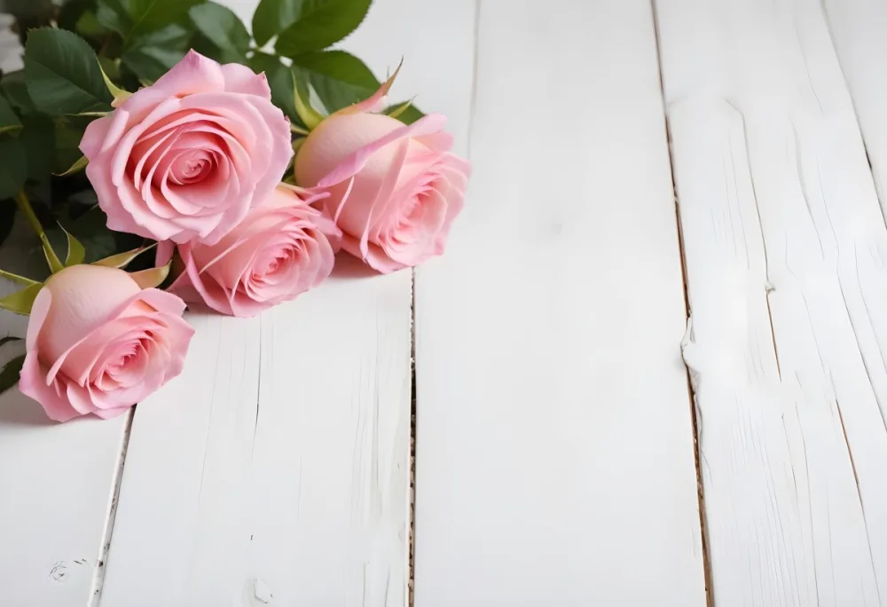 Pink Roses On A White Wooden Table 4 B33e