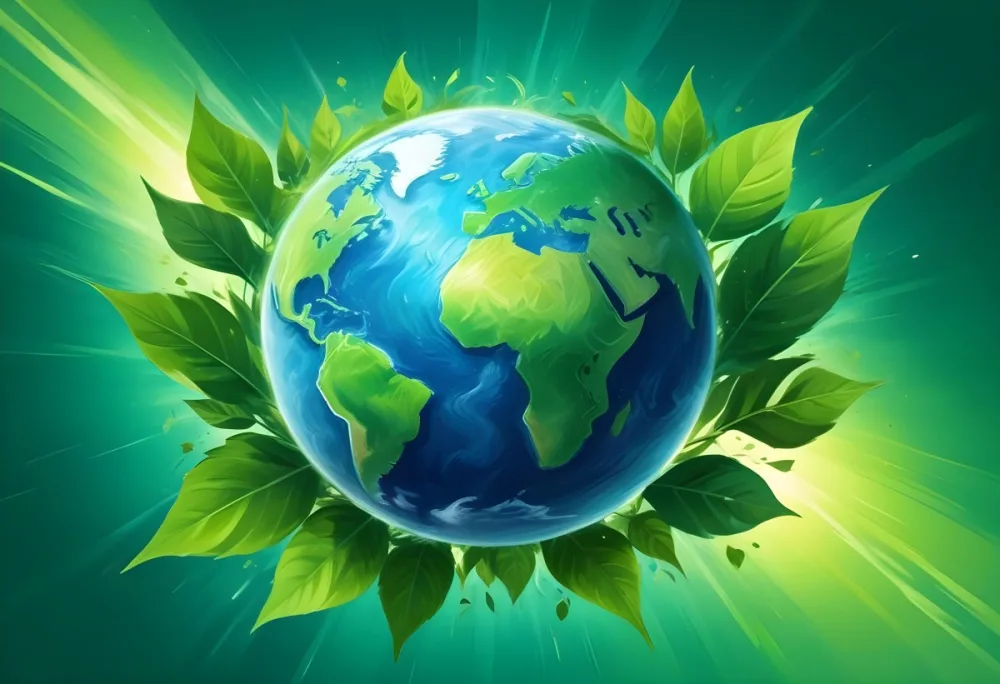 Planet Earth Surrounded By Four Green Leaves On A Bright Green Background With Radial Rays Emanating From The Center 1 6584