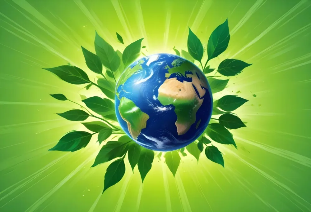 Planet Earth Surrounded By Four Green Leaves On A Bright Green Background With Radial Rays Emanating From The Center 15 8e3c