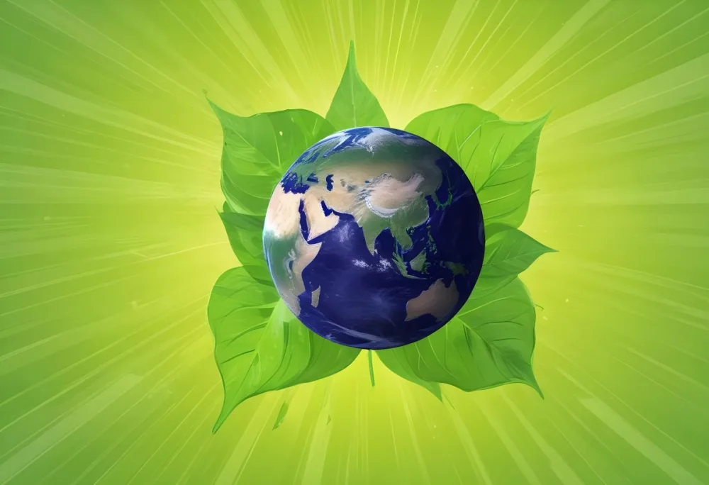 Planet Earth Surrounded By Four Green Leaves On A Bright Green Background With Radial Rays Emanating From The Center 4 21d3