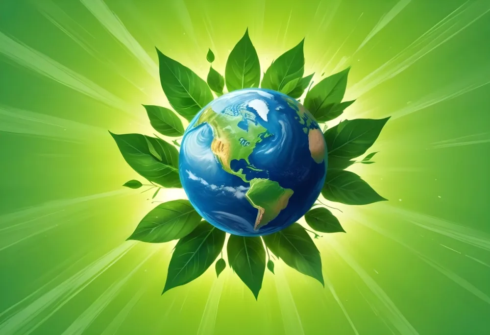 Planet Earth Surrounded By Four Green Leaves On A Bright Green Background With Radial Rays Emanating From The Center 42 C22c