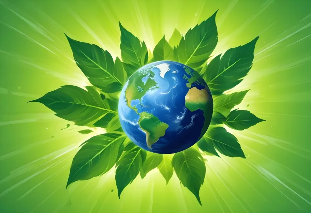 Planet Earth Surrounded By Four Green Leaves On A Bright Green Background With Radial Rays Emanating From The Center 44 4915