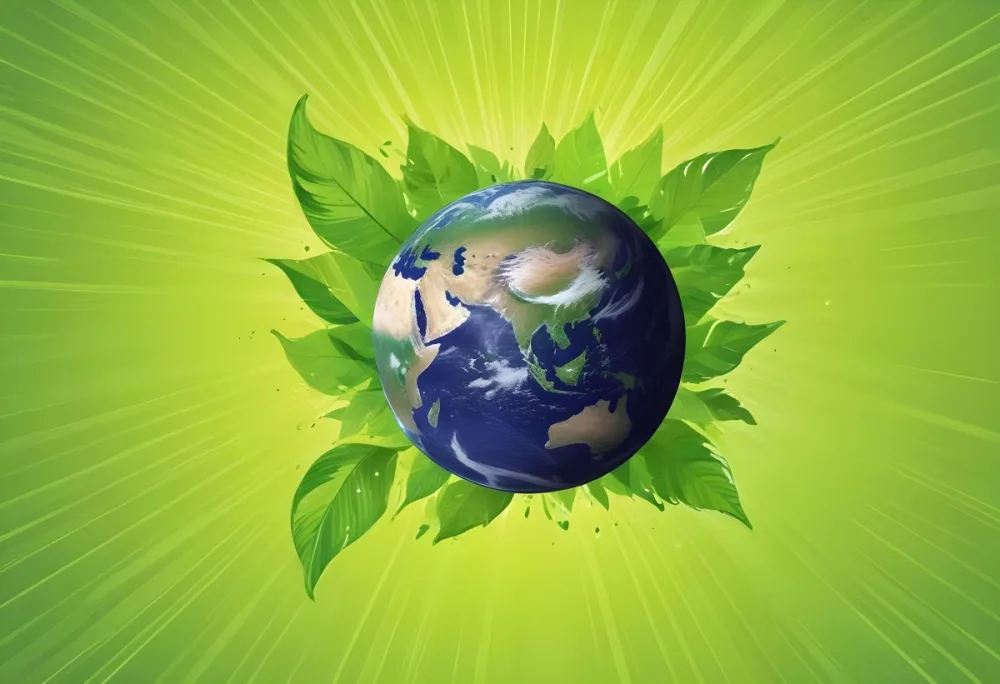Planet Earth Surrounded By Four Green Leaves On A Bright Green Background With Radial Rays Emanating From The Center 45 F908