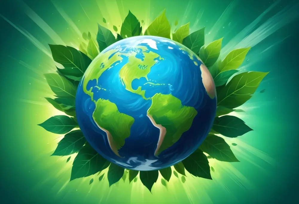 Planet Earth Surrounded By Four Green Leaves On A Bright Green Background With Radial Rays Emanating From The Center 46 B4f9