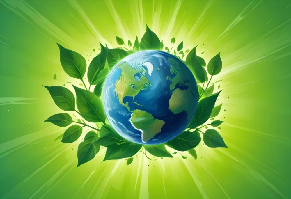 Planet Earth Surrounded By Four Green Leaves On A Bright Green Background With Radial Rays Emanating From The Center 47 F610