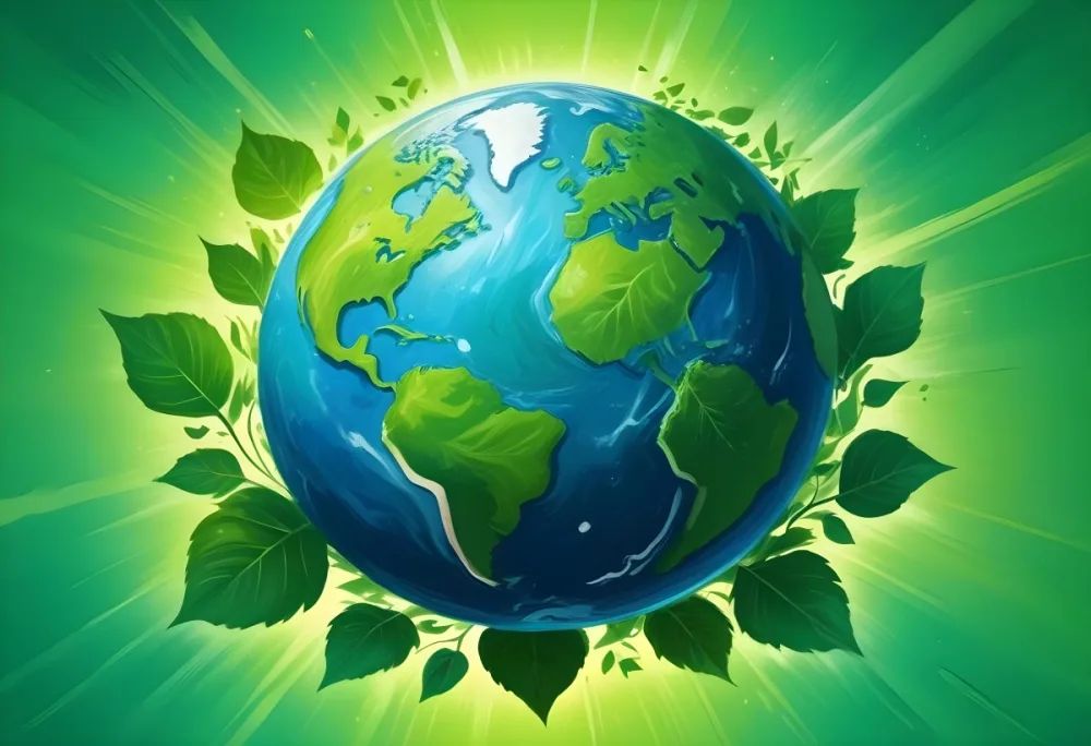 Planet Earth Surrounded By Four Green Leaves On A Bright Green Background With Radial Rays Emanating From The Center 48 11cb