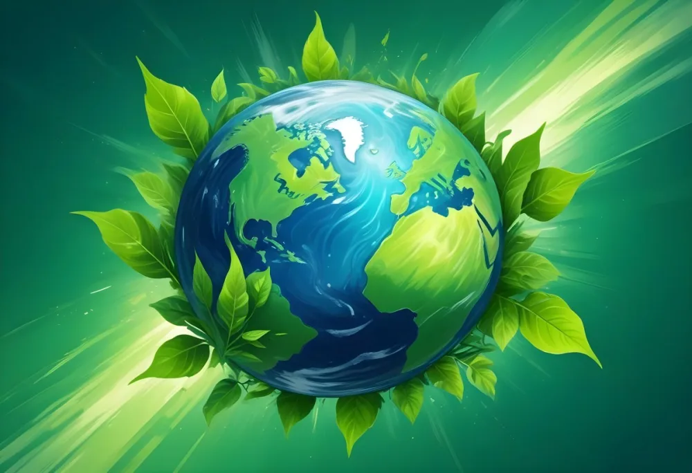 Planet Earth Surrounded By Four Green Leaves On A Bright Green Background With Radial Rays Emanating From The Center 5 1141