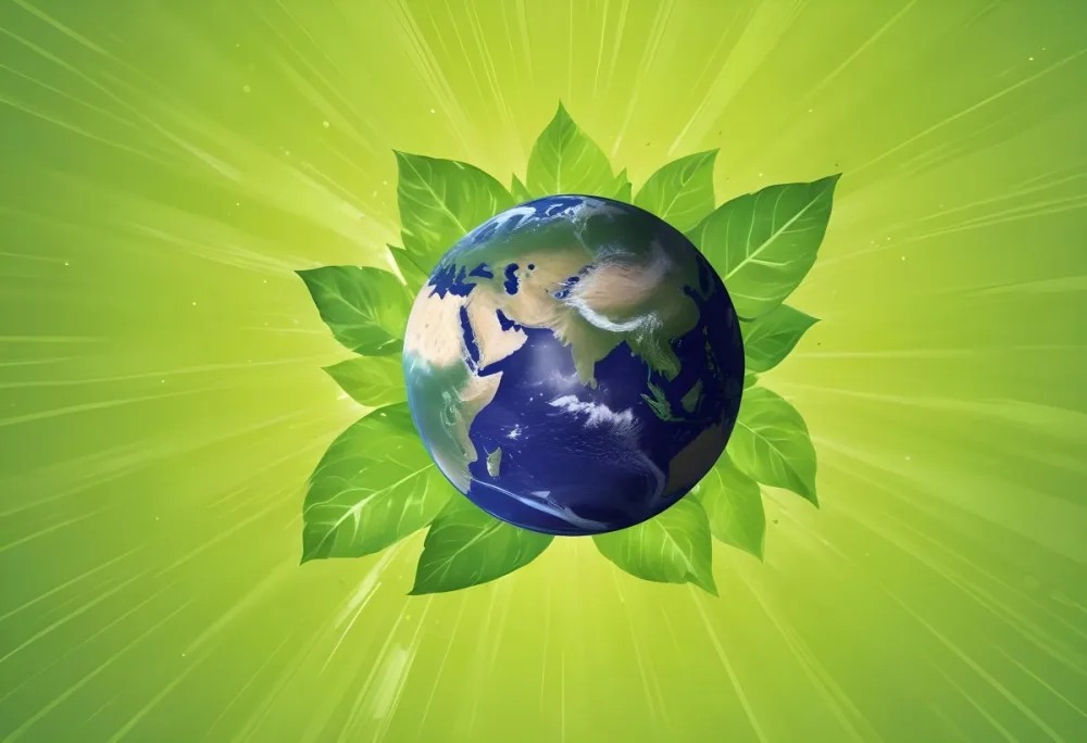 Planet Earth Surrounded By Four Green Leaves On A Bright Green Background With Radial Rays Emanating From The Center 6 A90f