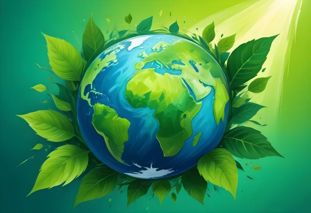Planet Earth Surrounded By Four Green Leaves On A Bright Green Background With Radial Rays Emanating From The Center 7 1e68