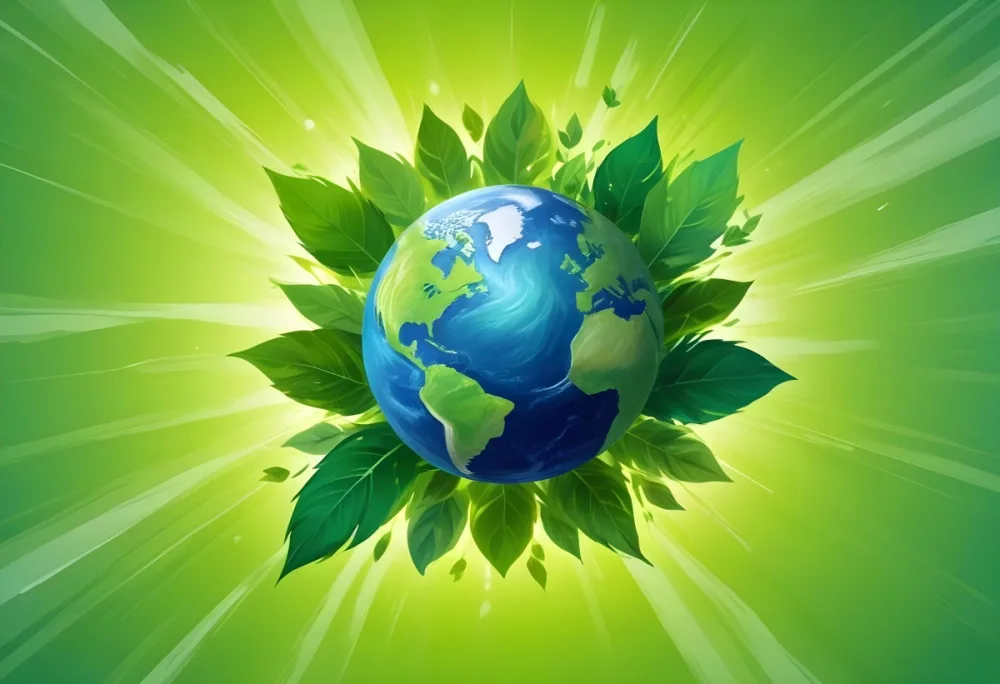 Planet Earth Surrounded By Four Green Leaves On A Bright Green Background With Radial Rays Emanating From The Center 8 86d8