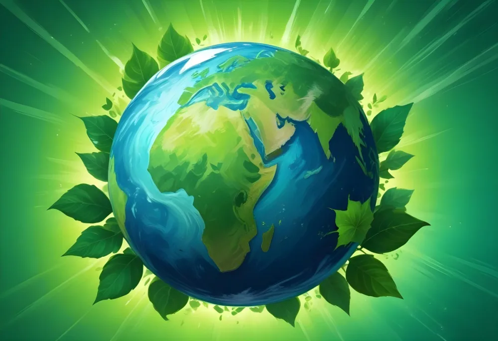 Planet Earth Surrounded By Four Green Leaves On A Bright Green Background With Radial Rays Emanating From The Center 9 Ca7d
