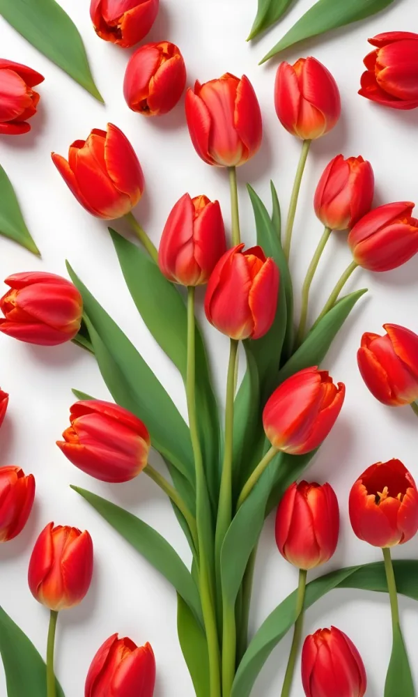Red Tulips With Green Leaves On A White Background 14 123a