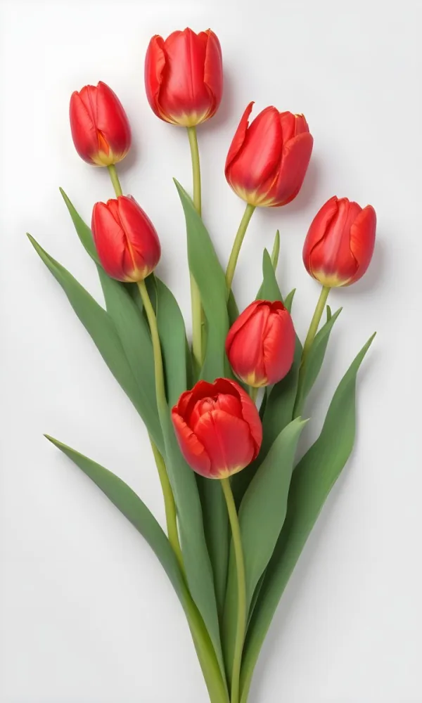 Red Tulips With Green Leaves On A White Background 18 472e