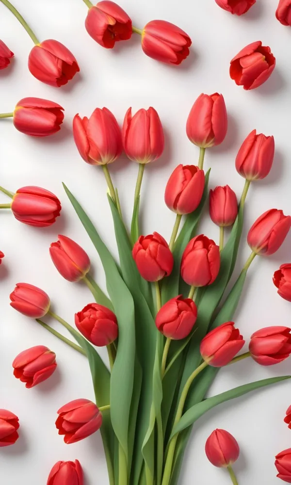 Red Tulips With Green Leaves On A White Background 36 C759