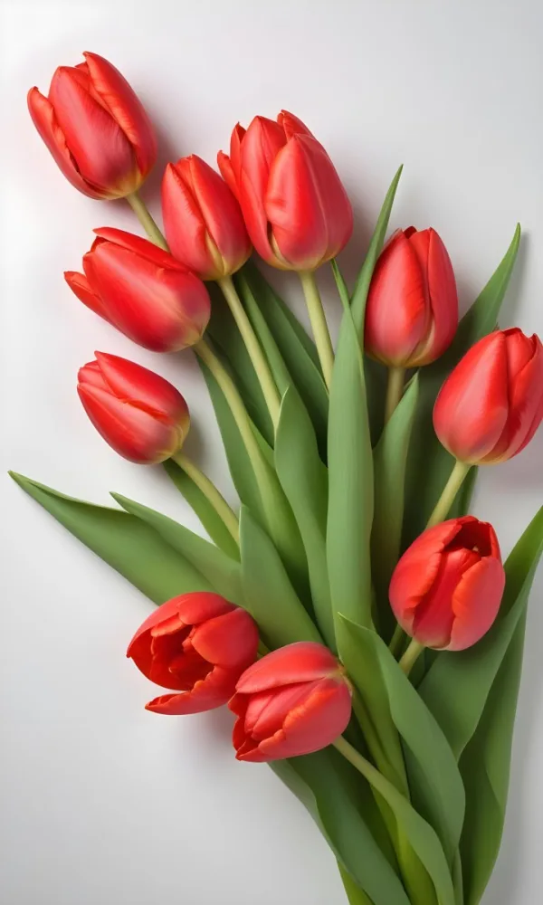 Red Tulips With Green Leaves On A White Background 40 A45d