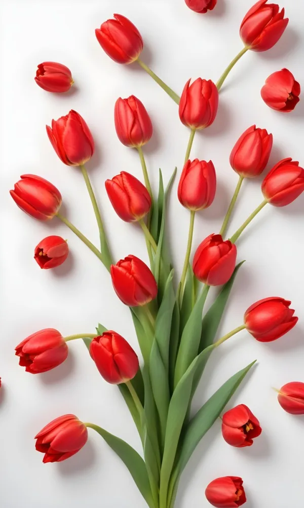 Red Tulips With Green Leaves On A White Background 53 E9d4
