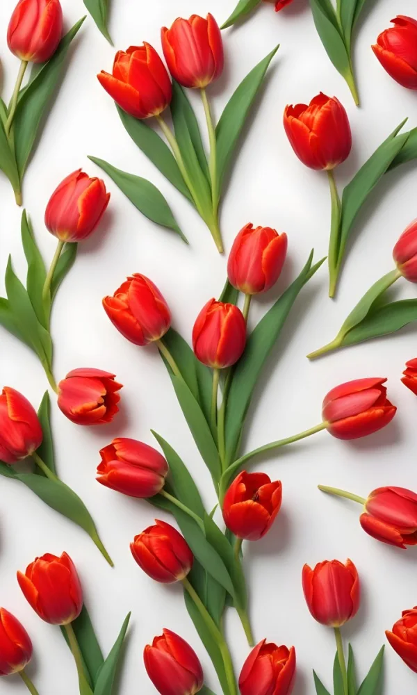 Red Tulips With Green Leaves On A White Background 56 304e