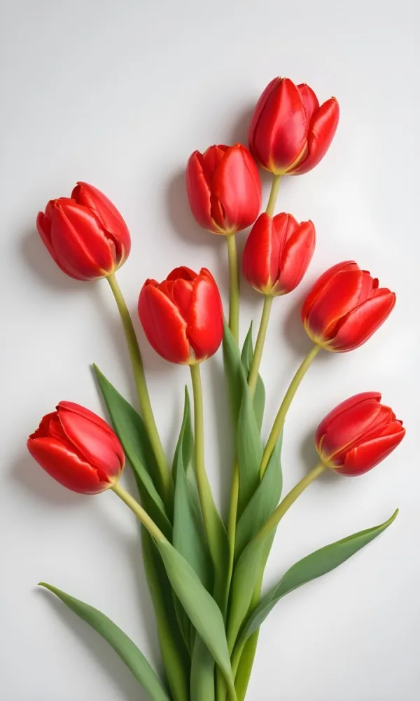 Red Tulips With Green Leaves On A White Background 57 2ffd